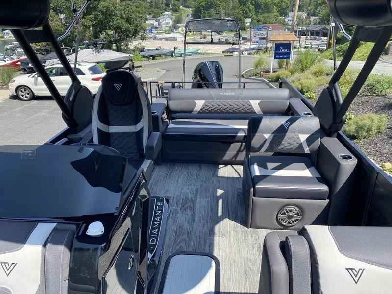 Slide: The Image of Luxurious 2025 Viaggio Diamante 24S boat interior with sleek seating and modern design. - 19