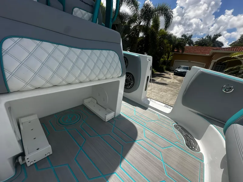 Slide: The Image of 2021 Renegade 38 Open boat interior with stylish seating and modern flooring design. - 8