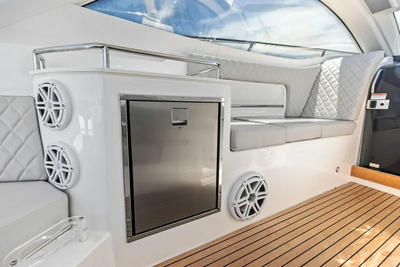 Slide: The Image of Luxurious interior of 2022 Schaefer 400 Coupe yacht with sleek seating and modern design. - 29