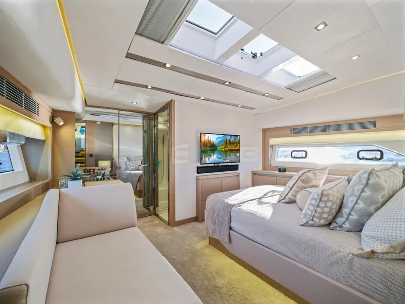 Slide: The Image of Luxurious interior of 2018 Prestige 680 yacht with modern furnishings and skylights. - 26