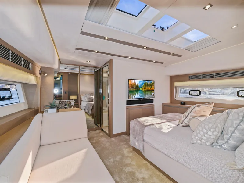 Slide: The Image of Luxurious interior of 2018 Prestige 680 yacht with skylights and modern furnishings. - 38