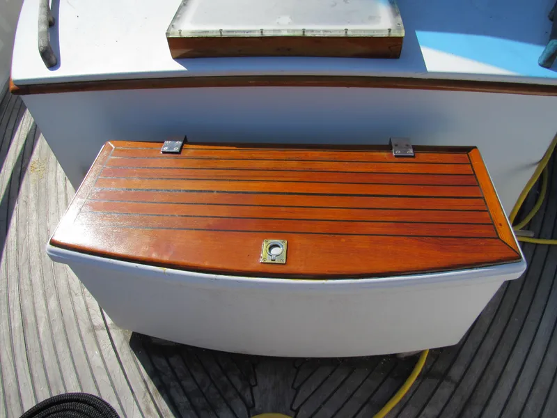 Slide: The Image of 1973 Grand Banks 42 Classic boat with polished wooden deck detail. - 6