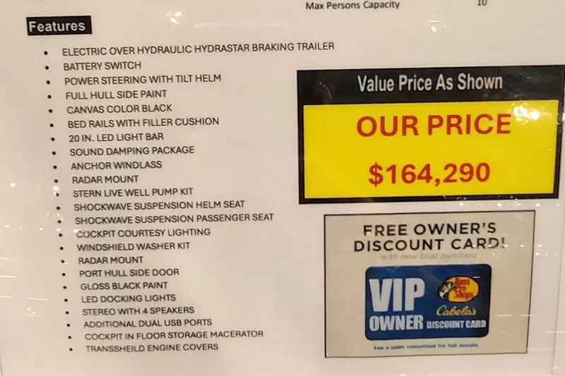 Slide: The Image of 2024 Spartan 260 Maximus Pro XL features list with price of $164,290 and discount card offer. - 1