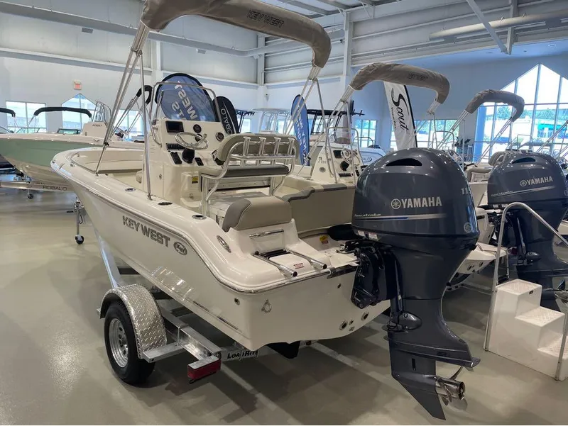 Slide: The Image of 2025 Key West 189 FS boat with Yamaha engine in showroom. - 3
