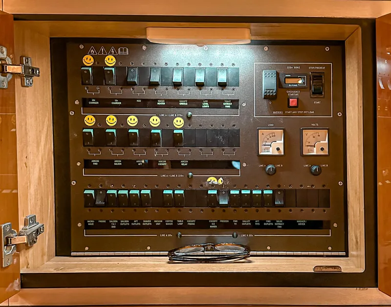 Slide: The Image of Electrical control panel on a 2002 Sunseeker Predator 61 yacht. - 28