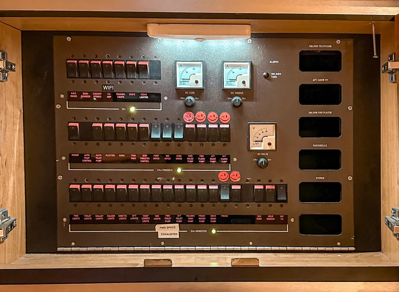 Slide: The Image of Control panel of a 2002 Sunseeker Predator 61 yacht, featuring switches and gauges. - 29