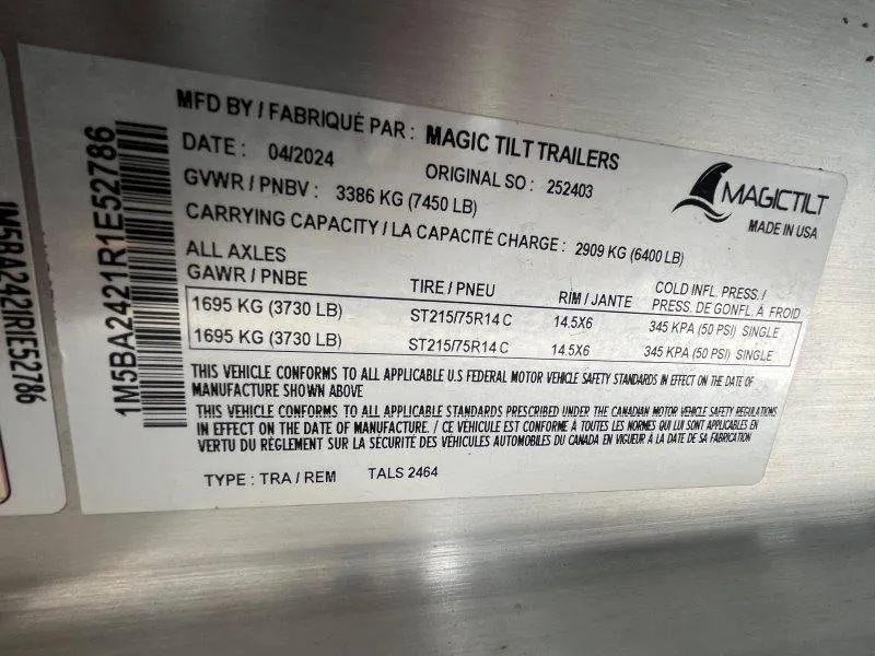 Slide: The Image of Magic Tilt Trailers label with specifications and compliance details, dated 04/2024. - 27