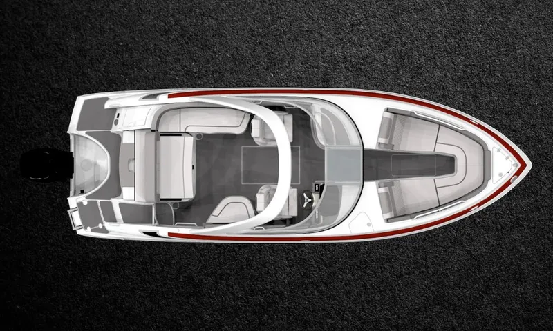 Slide: The Image of Top view of 2023 Crownline 260 XSS boat, sleek design on dark background. - 42