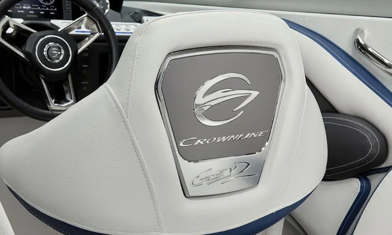 Slide: The Image of Crownline 260 XSS 2023 boat interior with logo on white seat. - 45