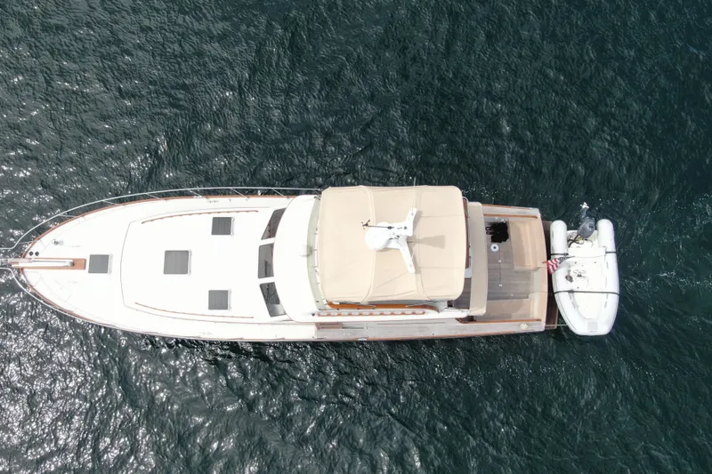 Slide: The Image of Aerial view of 1997 Lyman-Morse Custom Flybridge yacht on open water. - 6