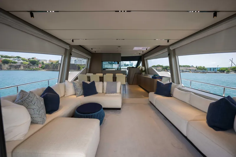 Slide: The Image of Luxurious interior of 2023 Ferretti Yachts 720 with elegant seating and panoramic windows. - 35