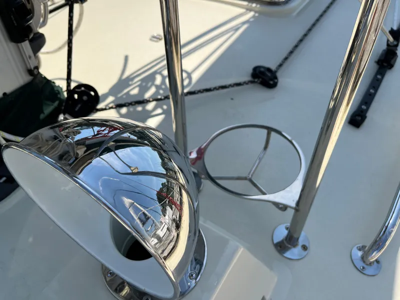 Slide: The Image of Close-up of Alajuela 38 sailboat deck details, featuring polished metal fixtures, 2016 model. - 26
