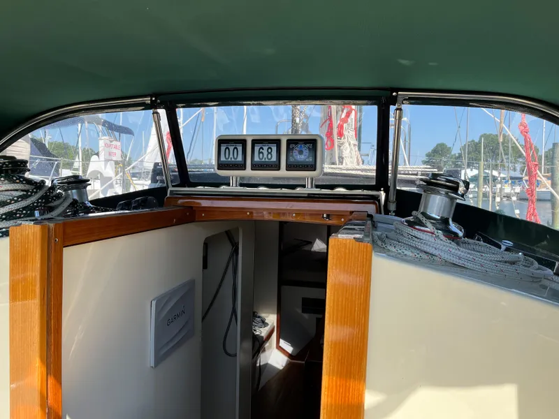Slide: The Image of Interior view of a 2016 Alajuela 38 sailboat cockpit with navigation instruments. - 43