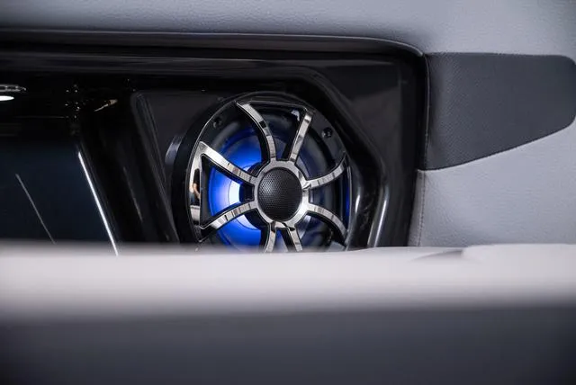 Slide: The Image of 2024 Yamaha Boats 255XE speaker with blue LED lighting. - 29