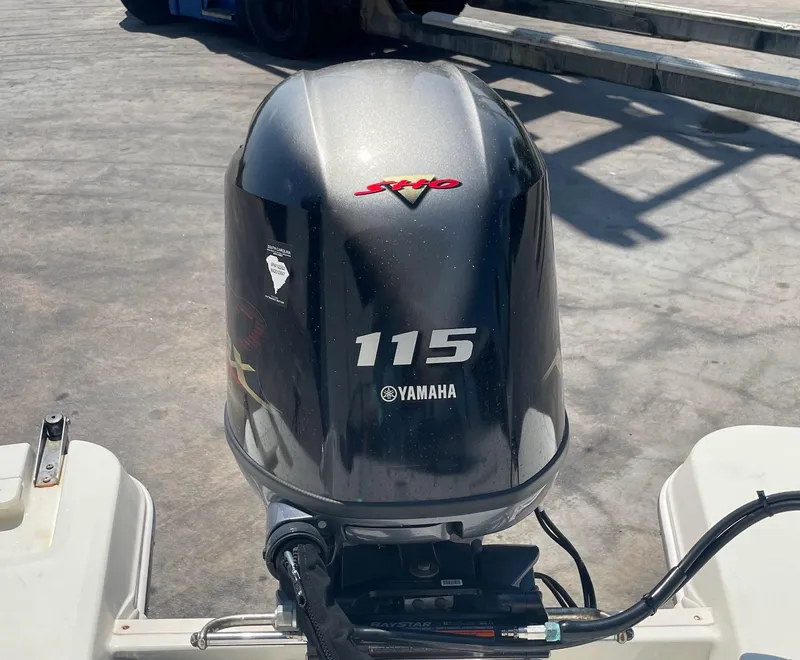 Slide: The Image of Yamaha 115 outboard motor on 2021 Stingray 191 DC boat, parked on concrete. - 11