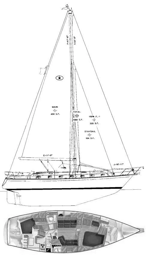 Slide: The Image of Island Packet 420 sailboat, 2002 model, side view and layout plan. - 3