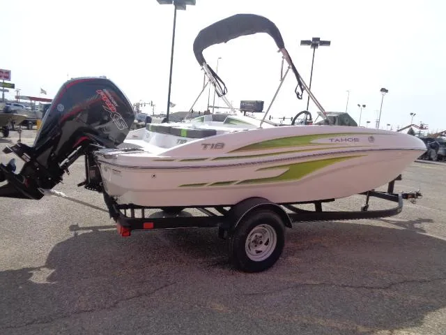 Slide: The Image of 2024 Tahoe T18 boat with outboard motor on trailer in parking lot. - 5