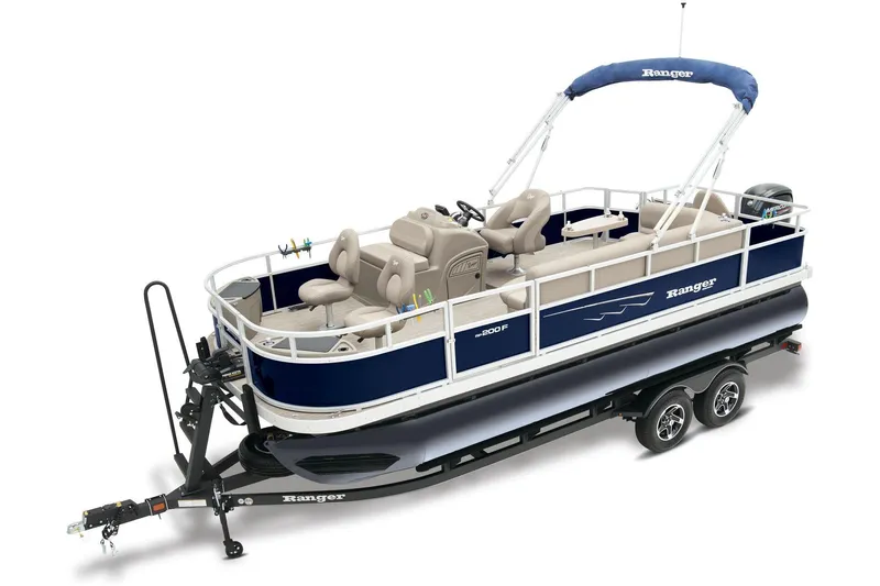 Slide: The Image of 2024 Ranger Reata 200F pontoon boat on trailer. - 2