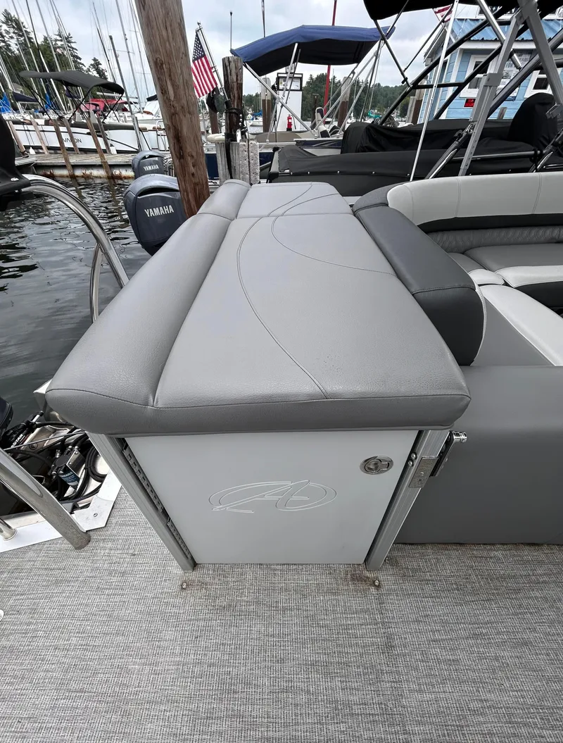 Slide: The Image of 2021 Avalon Catalina Cruise 25 boat with gray seating at a marina. - 35