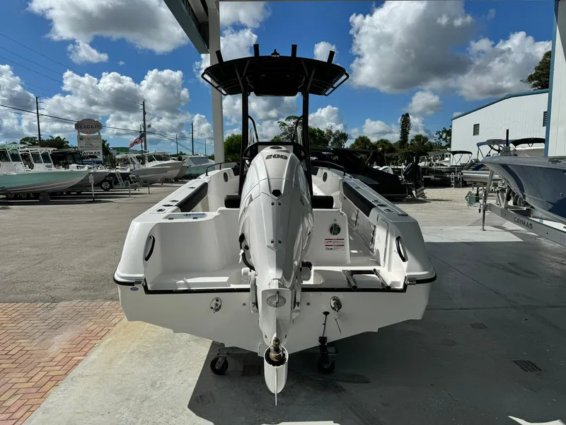 Slide: The Image of 2025 Edgewater 208 CC boat displayed outdoors under a sunny sky. - 4