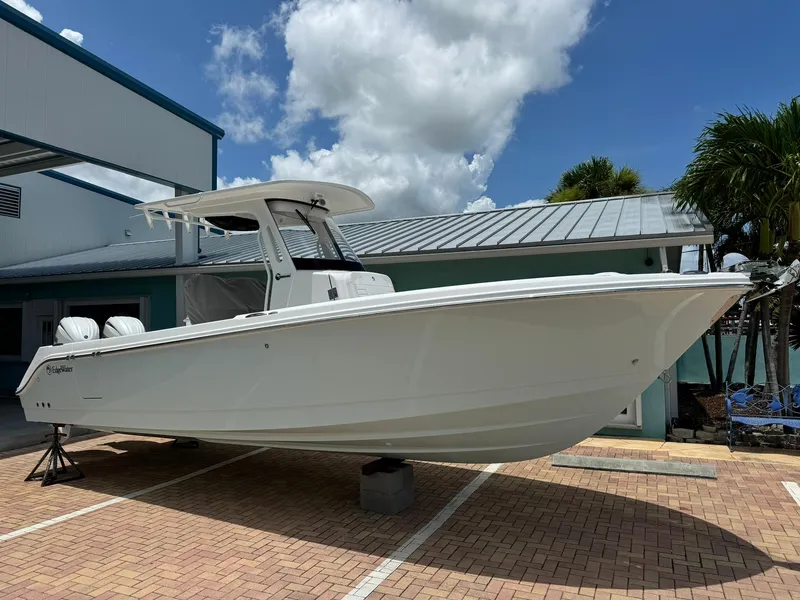 Slide: The Image of 2025 Edgewater 262 CC boat displayed outdoors on a sunny day. - 1