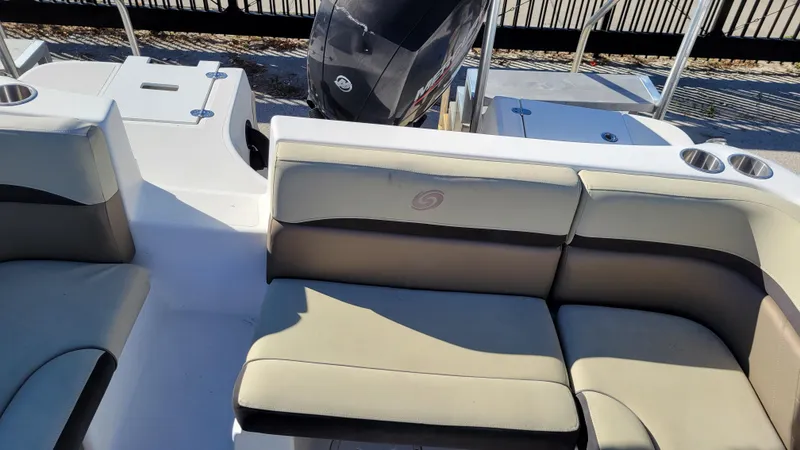 Slide: The Image of 2020 Hurricane SD 217 PROJECT boat interior with beige seating and motor. - 20