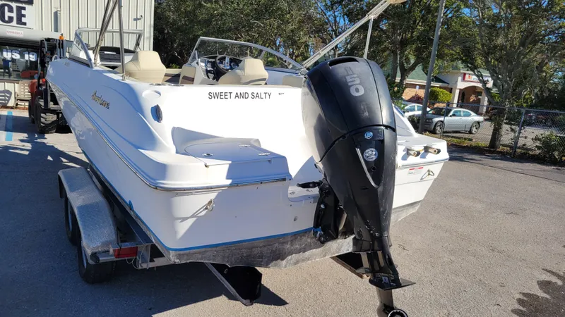 Slide: The Image of 2020 Hurricane SD 217 PROJECT boat on trailer with outboard motor, labeled "Sweet and Salty." - 4