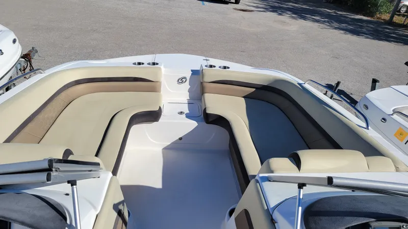 Slide: The Image of 2020 Hurricane SD 217 PROJECT boat interior with beige seating and spacious layout. - 9