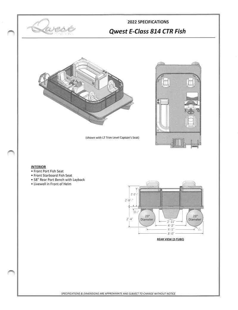 Slide: The Image of 2024 Qwest 814 CTR Fish L specifications sheet with interior layout and design details. - 9