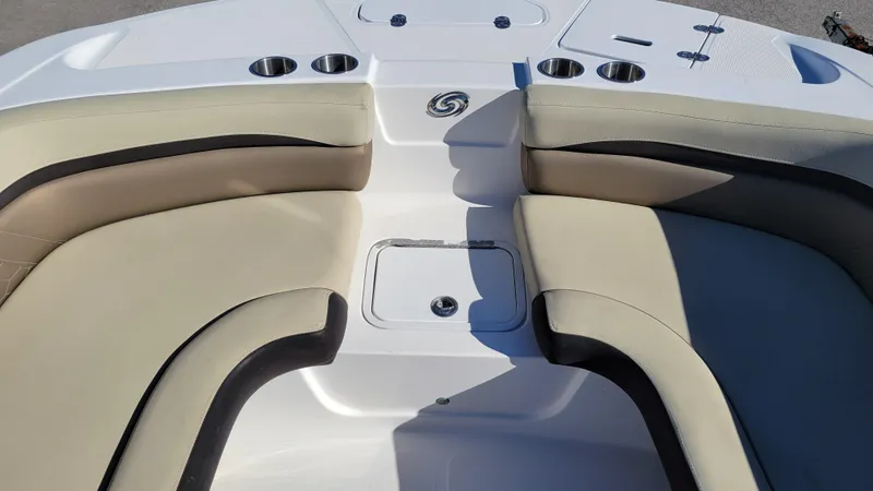 Slide: The Image of 2020 Hurricane SS 192 PROJECT boat interior with beige seating and cup holders. - 15