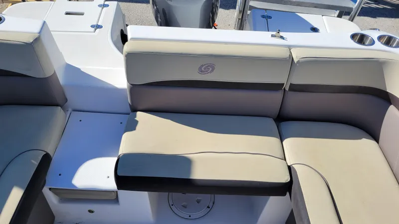 Slide: The Image of 2019 Hurricane SUNDECK 217 PROJECT boat seating area with beige and brown upholstery. - 20