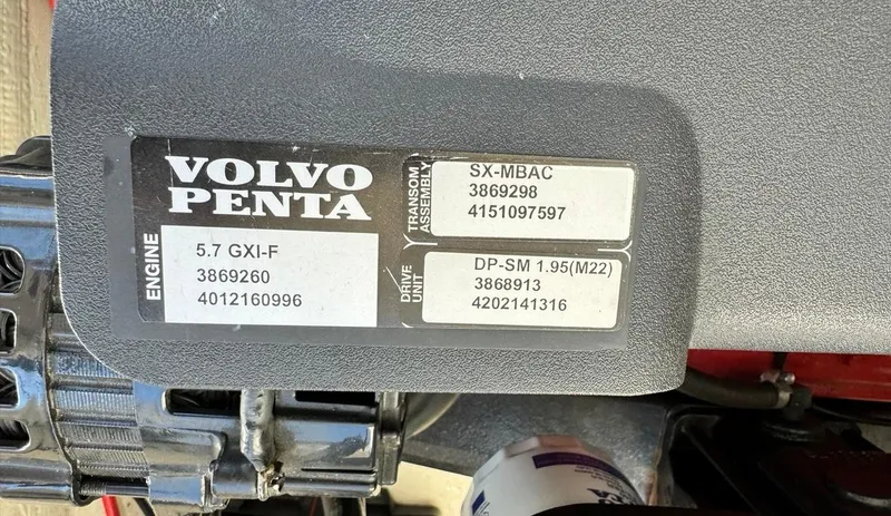 Slide: The Image of Volvo Penta engine label on 2005 Cobalt GS242 boat, model 5.7 GXI-F. - 5