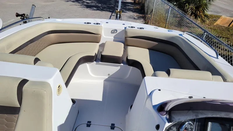 Slide: The Image of 2020 Hurricane SS 192RL PROJECT boat interior with beige seating and spacious layout. - 5