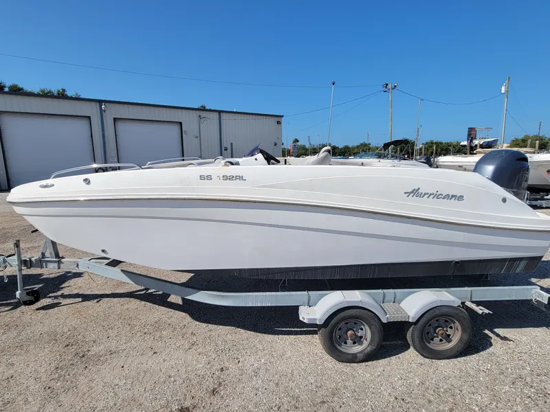 Slide: The Image of 2019 Hurricane SS 192 PROJECT boat on trailer, parked outdoors under clear blue sky. - 3
