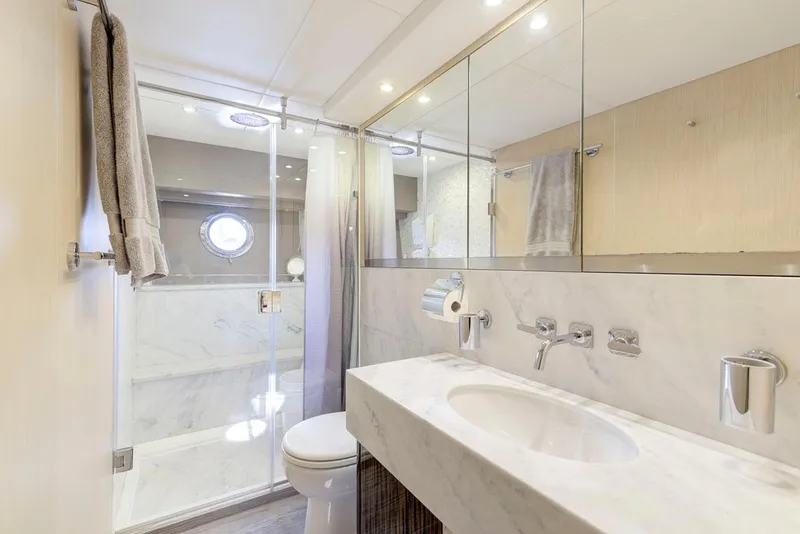 Slide: The Image of Luxurious bathroom in 2017 Sunseeker 75 Yacht with marble finishes and modern fixtures. - 47