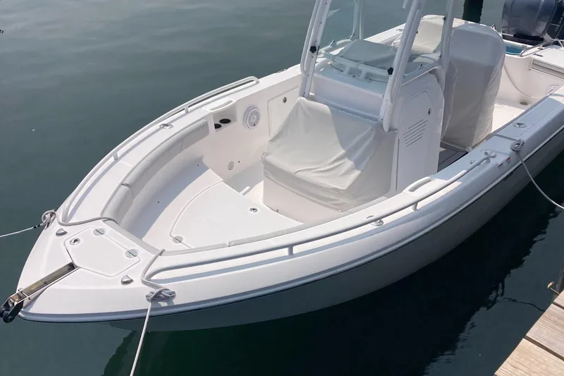 Slide: The Image of 2020 Everglades 235 Center Console boat docked on calm water. - 10