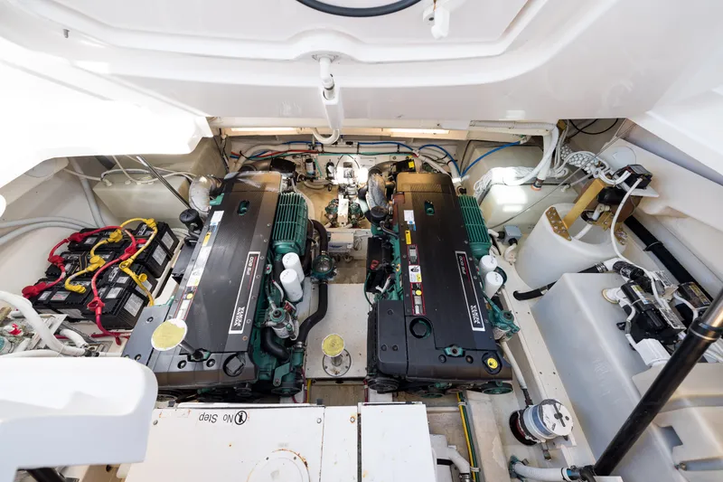 Slide: The Image of Engine room of 2007 Tiara Yachts 4300 Sovran, featuring dual engines and electrical components. - 45