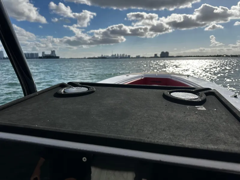 Slide: The Image of Contender 31 Tournament boat on water, sunny day, city skyline in background. - 22