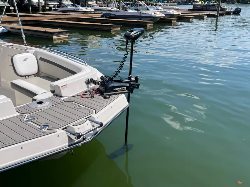 Slide: The Image of 2024 Starcraft SVX 211 OB CC boat with Minn Kota trolling motor at dock. - 12