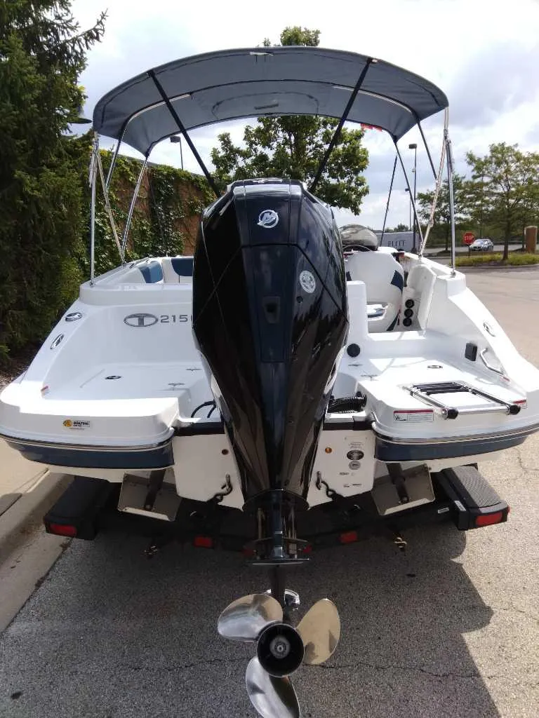 Slide: The Image of 2024 Tahoe 2150 boat with outboard motor and canopy, parked on a trailer. - 4
