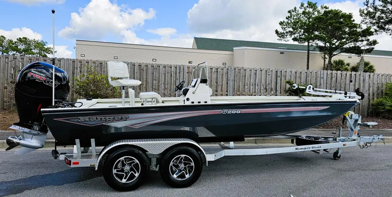 Slide: The Image of 2024 Ranger RB200 boat on trailer, parked outdoors, with clear sky background. - 0