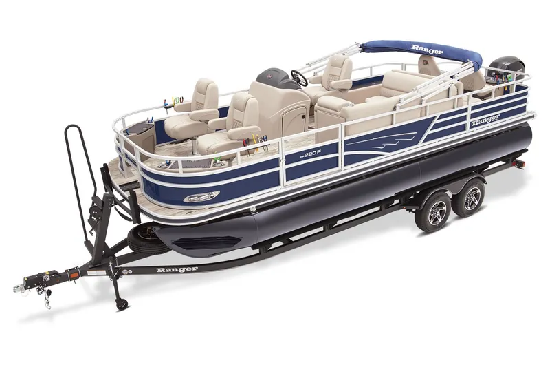 The Image of 2024 Ranger Reata 220F pontoon boat with red exterior and sleek design. - 0