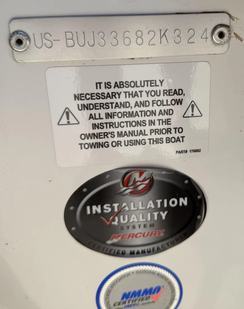 Slide: The Image of 2024 Tahoe 200 S boat warning and certification labels, emphasizing manual instructions and quality assurance. - 12