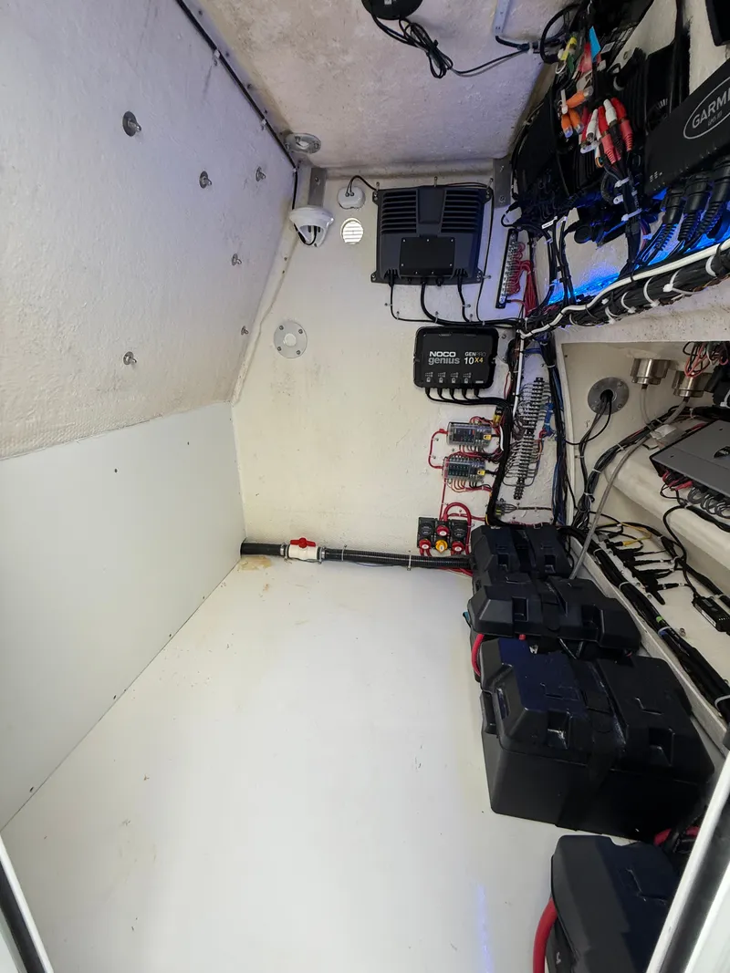 Slide: The Image of The boat's technical compartment features batteries, wiring, and electronic devices mounted on the walls. - 30