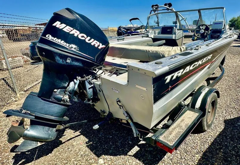 Slide: The Image of 2007 Tracker v175 boat with Mercury outboard motor on a trailer. - 7