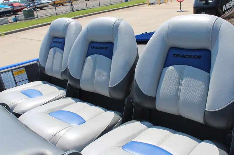 Slide: The Image of 2015 Tracker Pro Team 175 TF boat seats, gray and blue upholstery. - 10