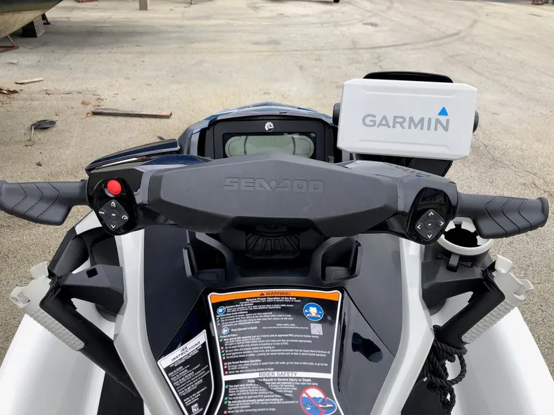 Slide: The Image of 2021 Sea-Doo FISH PRO 170 dashboard with Garmin GPS, handlebars, and controls. - 4