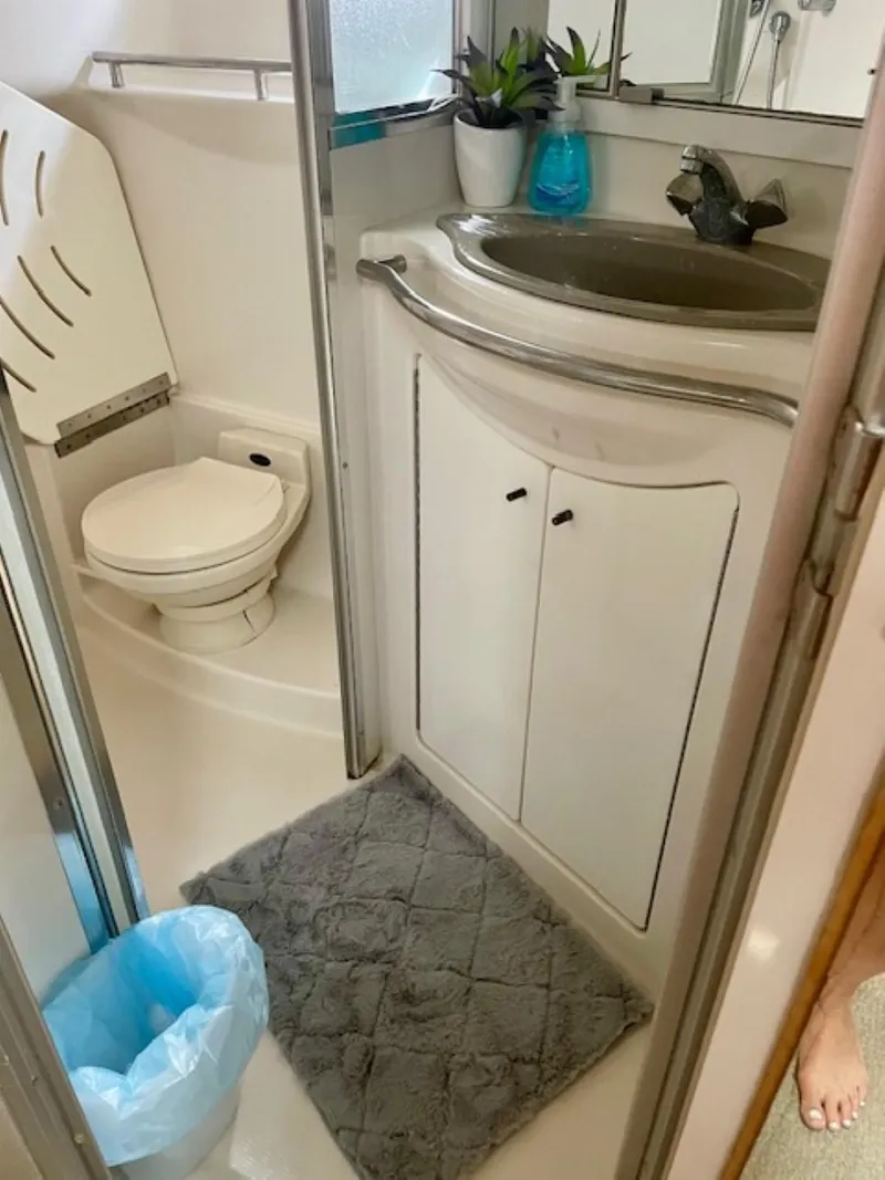 Slide: The Image of 1996 Maxum 4100 SCR boat bathroom with sink, toilet, and decor. - 15