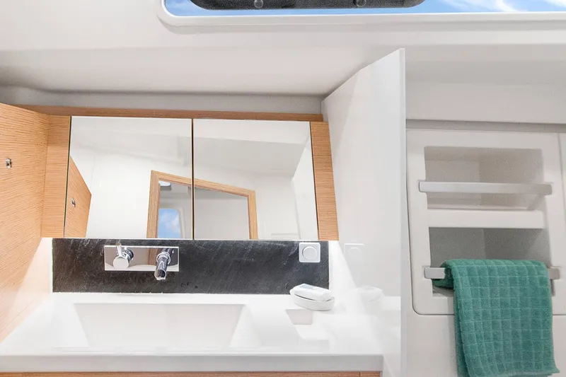 Slide: The Image of Modern bathroom interior of 2025 Hanse 418 yacht with mirror and sink. - 17