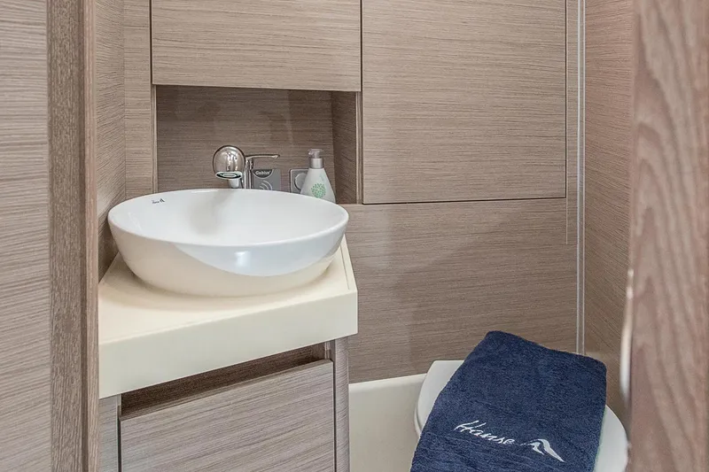 Slide: The Image of Modern bathroom in 2025 Hanse 418 yacht with sleek sink and towel. - 18